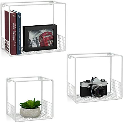 Relaxdays Étagère à Suspendre Lot de 3 Cubes, Support Mural, Meuble Rangement, Grille Grillage, 15 cm, métal, Blanc, Acier, 1 élément