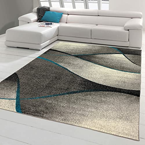 Teppich-Traum Matta dröm modern vardagsrum matta vågor design i blått grå antracit - lätt att rengöra och slitstark (Ökotex) storlek 200 x 280 cm