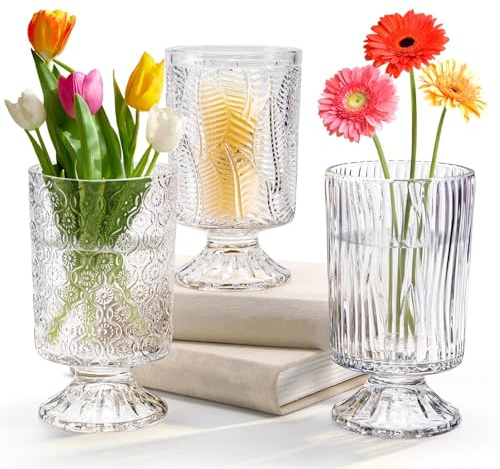 Pumtus 3-pack glasvas, präglad stor basvas, vintage kristallklara blomvaser, dekorativ hydroponisk växtvas för bröllop, fest, kontor, hem, boho-stil dekoration