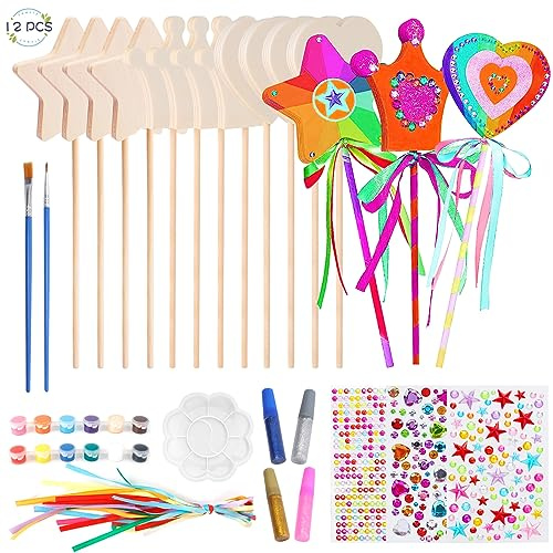 Towviy Kit Creativi per Bambini, 12 Pezzi Bacchette Magiche in Legno Giocattolo da Colorare Bambina Fai da Te Regalo per Ragazze Artigianato per Bambini, Stella, Cuore, Corone