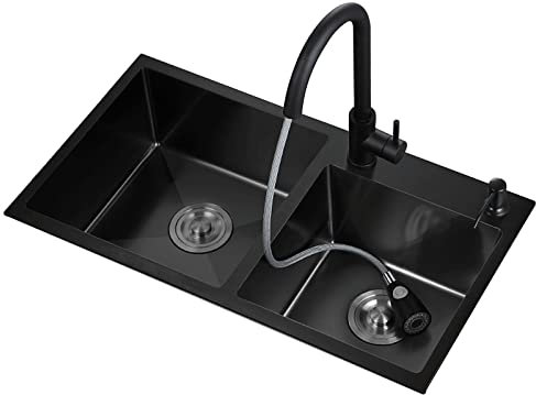 MBROS Lavello da Cucina, lavello da 28 Pollici in Acciaio Inossidabile Nano 304 Nero Lavello per lavastoviglie Dimensioni Doppio lavello con Rubinetto Estraibile