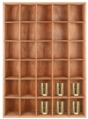 Wenqik 1 Pcs Shot Glass Display Case for Wall 30 Slots Case Wooden Shot Glass Holder Display Rustic Shelf Collection Display Rack Freestanding(Wooden Color)