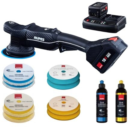 RUPES HLR15 BigFoot iBrid Random Orbital Polisher Basic Kit - Includes Dual Charger, 2 Batteries, D-A Series High Performance Polishing Pads & Compounds