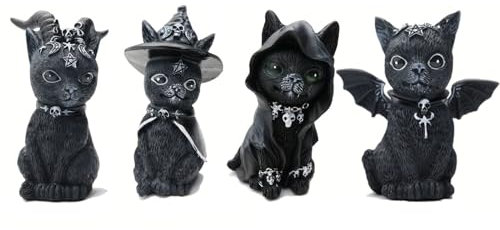 Tonyta party Lot de 4 statues de chat noir, statues de nain de jardin gothique pour décoration intérieure et extérieure, décoration d'Halloween, statue de chat Baphomet, MID