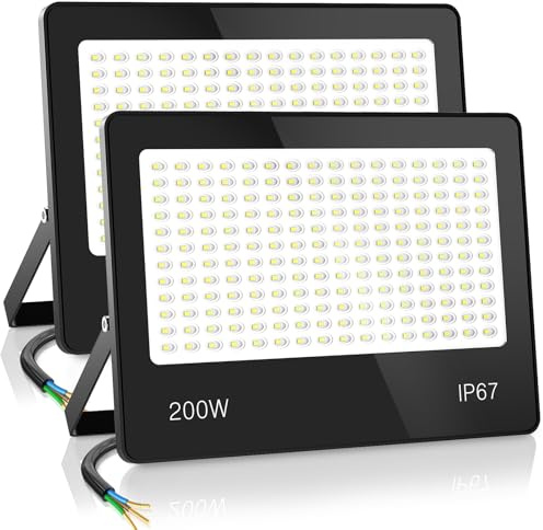 HAPYLUMI Faretto LED da Esterno 200W- 2 Pezzi 20000LM Faro Esterno, 120° Raggio, 6500K Bianco Freddo Faretti a LED IP67 Impermeabile per Giardino Terrazza Patio Garage