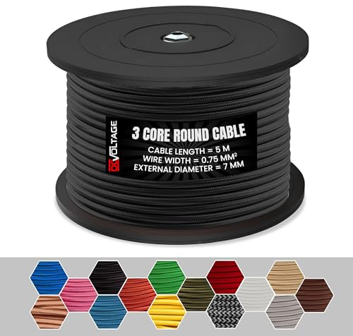 Fabric Cable 3 Core Black Braided Decorative Electrical Wire - 5m | Premium 3-Core Fabric Braided Cable in Elegant, Ideal for Pendant Lights, Chandeliers, DIY Lamps and Vintage Décor Projects.