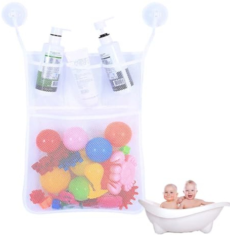 Badewannenspielzeug Aufbewahrung,52 x 45cm Badewannenspielzeug hängeorganizer Tasche,Badewannenspielzeug Mesh Tasche,Aufbewahrung und Sortierung von Spielzeug,ideal für bäder,Kommt mit zwei Saugnäpfen