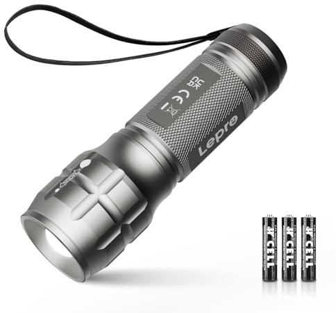 Lepro Linterna LED LE1000, Linternas LED Alta Potencia con Zoom, IPX4 Impermeable Linterna Táctica de Aluminio para Ciclismo, Camping, Senderismo, Emergencia etc. [3 AAA Pilas Incluidas] Gris Plateado