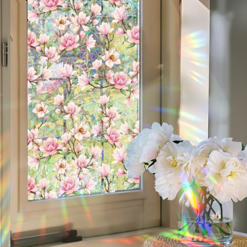 GORGECRAFT 100x43cm Regenbogen Sichtschutzfolie Für Buntglasfenster Dekorativ 3D Statisch UV Beständig Haftend Rosa Blume UV Reflektierende Fensterabdeckung Nicht Klebende Sonnenblockierende Fensterau