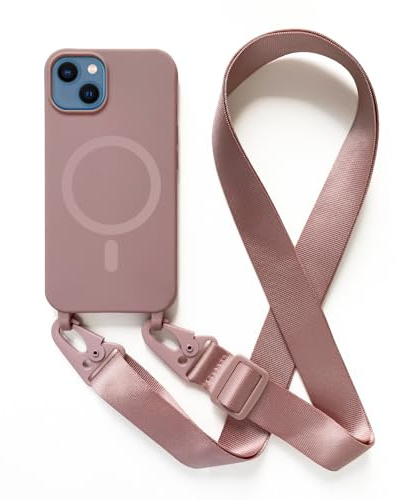Leather Armor Handykette Hülle für iPhone 13(6.1) mit Band Halsband Lanyard (abnehmbar) Handyhülle, Verstellbarer Lanyard.Magnetisch Stoßfest Silikonhülle Wireless Charging kompatibel .-Rosa