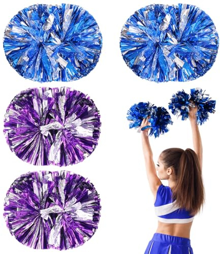 Metallfolie Cheerleader Pompons 4 Stück Cheerleading Pompoms Cheerleader Pom Poms mit Griffen PET Tanzpuschel Cheers Ball Sport Pompons Cheers Zum Schule Sport Tanz Nacht Party Wettbewerb (Blau&Lila)