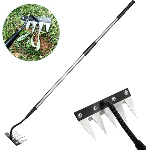 Forged Iron Weeding Rake,Gardenia 2.0 Iron Weed Rake with Long Handle,Thickened 5 Teeth Carbon Steel Garden Weeding and Leaf Removal Tools