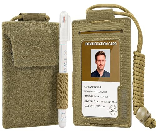 OneTigris ID-kortshållare med band av 500D nylon – RFID-skyddad ID-korthållare och korthållare med genomskinligt fönster, kardborreband och pennslinga, hållbar för kontor, service och utomhus