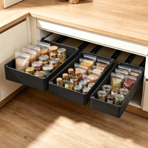 VINATO Telescopic Drawers Set of 3 Extendable Kitchen and Bathroom Black | Telescopic Drawers Set of 3, Extendable, 2-in-1 Assembly without Drilling, 3 Sizes, Carbon Steel, ABS, Black