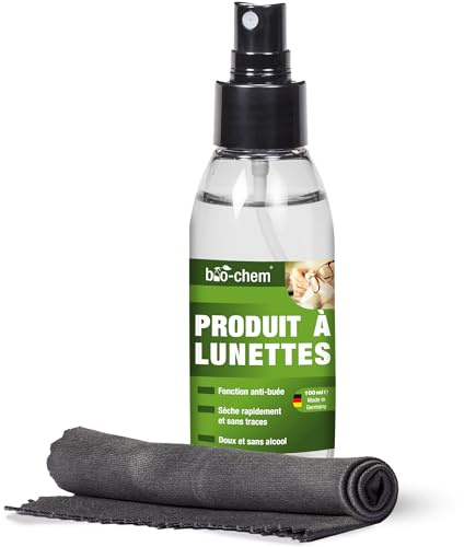bio-chem Brillenreiniger Spray ohne Alkohol 100ml | Anti-Beschlag Brillenspray mit Mikrofasertuch | Reinigungsspray für Brillen, Display | Brillenputzmittel Made in Germany