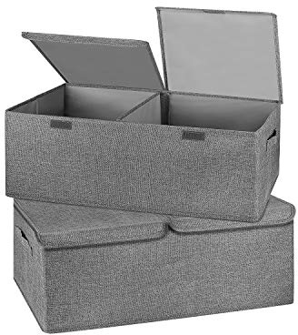 Valease 2 Pack Storage Boxes with Lids and Handles, Collapsible Linen Storage Bins Organizer Containers Baskets Cube with Removable Divider for Home Bedroom Closet Office (Grey, Small)