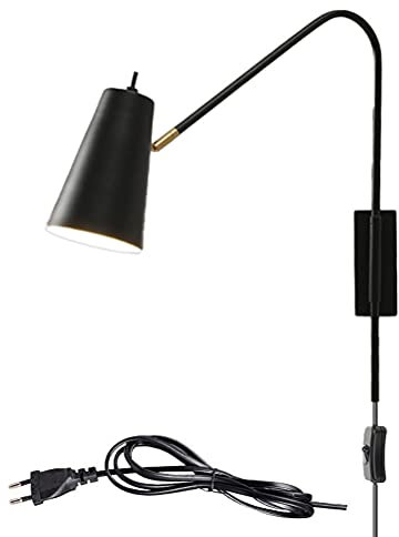 E27 Vintage Wandleuchte aus Metall mit Schalter, Industrie Bettlampe Wand-Leselampe mit Stecker und 1.8m Kabel, Wohnzimmer Wandstrahler 360° Schwenkbar Langer Arm, für Schlafzimmer Esszimmer ,Schwarz