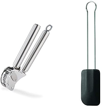 RÖSLE Knoblauchpresse mit Abstreifer, Presse in Profi-Qualität für Ingwer und Knoblauch, mit klappbarem Sieb & Teigschaber, Hochwertiger Teigspachtel als Back- und Kochhelfer, schwarz, 26 cm