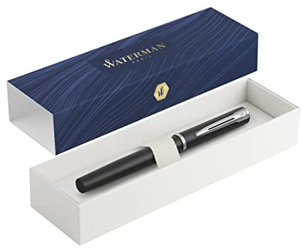 Waterman Allure Premium Metal Fountain Pen | Matte Black with Chrome Trim | Fine Nib | Blue Ink | Gift Boxed