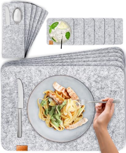 MIQIO Juego de 18 salvamanteles de Fieltro para Mesa, Mantel Individual Lavable, 6 manteles Individuales, Posavasos de Cristal, Bolsillos para Cubiertos, Color Gris Claro, Posavasos de Fieltro