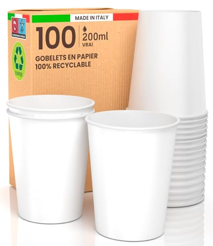 Baciato Caffè 100 weiße Pappbecher| Frischfaser mit Beschichtung | Umweltfreundlich & recyclingfähig | Für Heiß- und Kaltgetränke | Ideal für Veranstaltungen, Büros und Cafés, 0,2l