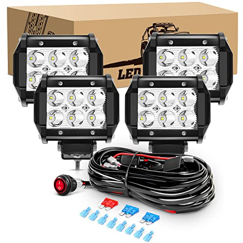 GOOACC 4PCS 18W LED Pods Spot Light Bar Fog Light Driving Lighting with 16AWG Off Road Wiring Harness-4 Leads for Truck Golf Cart SUV ATV UTV Boat (Auto-610)