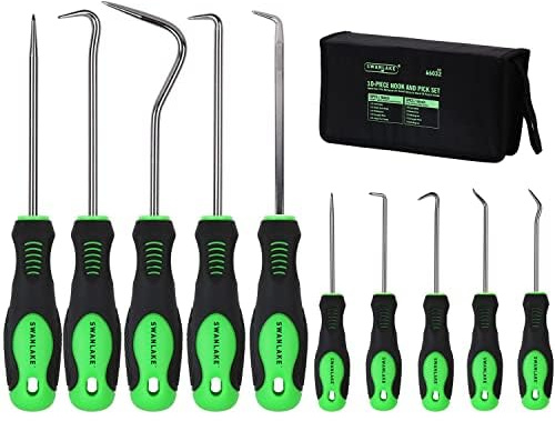 SWANLAKE 10PCS Hook and Pick Set,Pick Set with CR-V Steel Shafts,Pick Tool for O-Rings, Oil Seals, Gaskets & Clips, Mechanic Tools with Storage Pouch