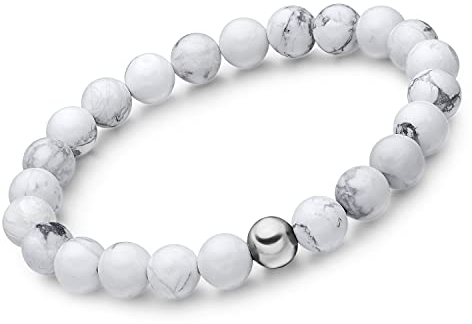day.berlin Howlith Perlenarmband Herren in Weiß, Naturstein Armband mit echten 8mm Edelsteinen, 19cm lang mit flexiblem Zugband & 316L Edelstahl Perle, Handgemacht für Männer