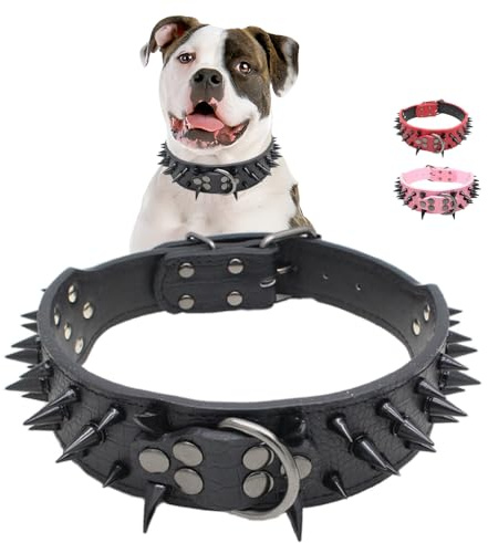 Spiked Dog Collars for Medium Large Dogs, Sharp Spike Studded Anti-Bite Protect Pets Neck Adjustable for Mastiff Pitbull Pug Bulldog, Black Rivets 2-Inch Wide Black Faux Leather 19-22
