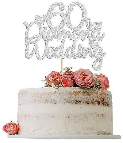 Gyufise 1Pcs 60th Wedding Anniversary Cake Toppers with Heart Silver Glitter 60th Diamond Wedding Anniversary Heart Cake Decoration for Celebration Party Supplies