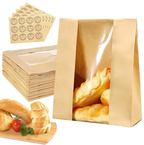 Lot de 50 grands sacs à pain en papier kraft avec autocollants de remerciement, 50 % plus épais et plus lisses avec fenêtre transparente pour pain fait maison, emballage d'aliments cuits, sacs à pain