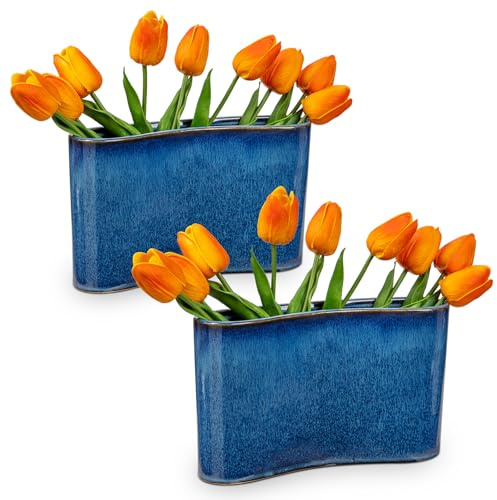 2er Set Blau Vase Keramik Vase für Blumen, Blumenvase Buchform Vasen Blumen Deko, Moderne Keramische Vase für Heimdekoration Wohnzimmer Büro Rose Tulpen Tafelaufsätze Tischdeko (Rechteckig)
