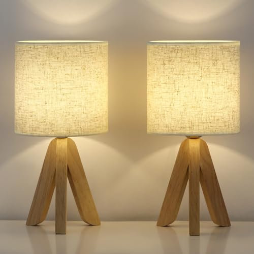 LIANTRAL Small Bedside Lamps Set of 2, Wooden Tripod Desk Lamp with Beige Fabric Linen Lampshade, E27 Basee, Modern Table Lamp for Reading, Bedroom, Living Room, Office