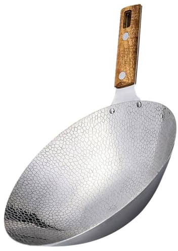 Ciieeo Wok Ustensile de Cuisine Polyvalent en Acier Inoxydable Argenté avec Manche en Bois Résistant Déformation pour Cuisson et Friture