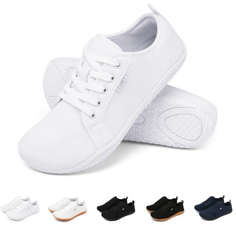 Geweo Barfußschuhe Sneaker Breite Walking Schuhe Barfuss Damen Herren Trail Laufschuhe Minimalistische Fitness Knit Unisex Weit rutschfest Zehenschuhe Zero Drop Solhe Freizeit Weiß 39EU