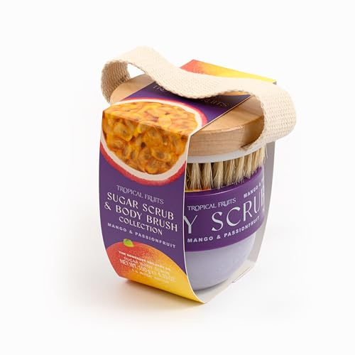 Tropical Fruits Sugar Scrub and Brush Mango Passionfruit Fruity 150g | Exfoliating Sugar Scrub with Brush for Smooth Soft Skin. Fruity Scent with Mango and Passionfruit Notes. Gentle Formula.