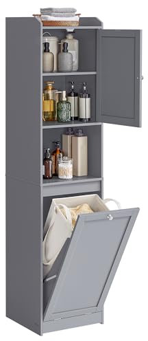 VASAGLE Badezimmerschrank mit Wäschekorb, hoher Badschrank, herausnehmbarer Wäschesack mit Griffen, mit Tür, verstellbare Ablage, 40 x 40 x 170 cm, Taubengrau BBC761G02