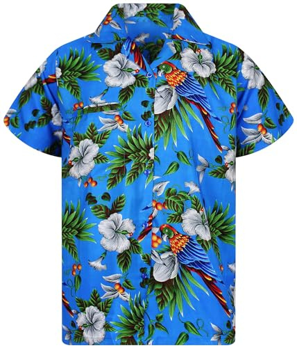 King Kabana Stylish Hawaii-Skjorta, Kortärmad, Cherry-Parrot-Style, Blå, XS