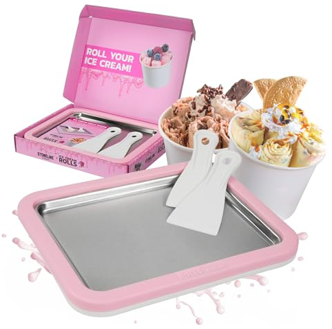 STONELINE by Mr. Ice Cream Rolls Original Ice Cream Rolls Maker Ice Plate Rose 26 x 21 x 3.5 cm with 2 Spatulas for Homemade Ice Cream Ice Cream DIY Ice Cream Rolls Stainless Steel Plate Ice Machine