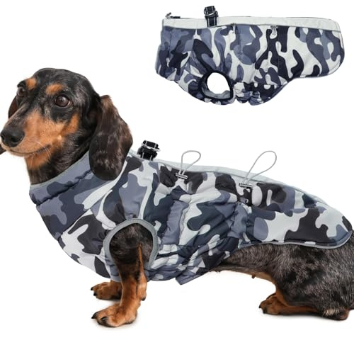 Katzinst Hunde Wintermantel Wasserbeständig, Verstellbarer Halsausschnitt, Hundemantel mit Geschirr und Durch Verstellbare Gummizüge, Hundebekleidung für Mittlere Hunde, Cocker Spaniel, Grau, M