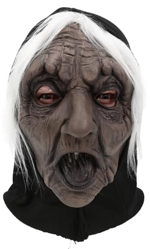 Gruselige Hexe Gesichtsmaske, Horror Alte Dame Masken Langhaar Zauberer Nase, Halloween Party Cosplay Latex Requisiten für Erwachsene (Hexe - B)