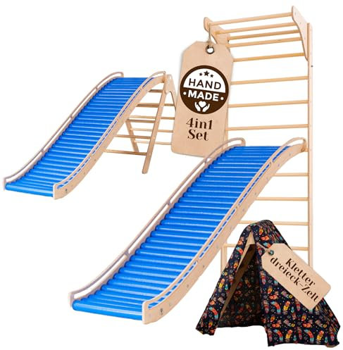 WoodsCraft 4in1 Wellenrutsche mit Kletterdreieck, Sprossenwand für Kinderzimmer & Kinderzelt Indoor | Rutsche Outdoor & Indoor | Kinderrutsche-Rollenrutsche | Kinder & Baby Rutsche für den Garten