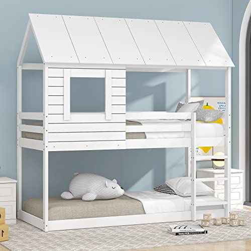 AYOROF Kinderbett Holz Etagenbett 90 X 200 cm, Kinder hausbett mit Dach, Leiter und Lattenrost, Baumhaus Holzbett Bettgestell, Ohne Matratze, Weiß