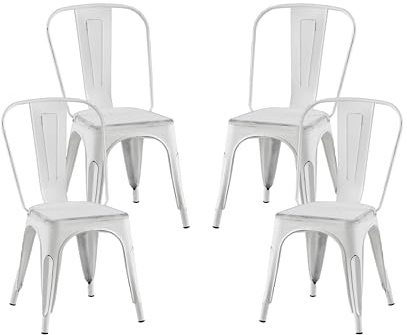 AC Pacific Stackable Metal Dining Chairs Set of 4 for Indoor and Outdoor Use, Durable Stacking Seat, Farmhouse Kitchen, Bar, Patio, Bistro, Cafe, Industrial Style, Sanded Matte White