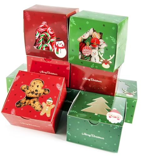 20PCS Christmas Cookie Boxes for Gift Giving, 4 x4 x2.5 Xmas Holiday Treat Cookie Tin with Window for Packaging Cookie Macaron Cake Pop Chocolate Truffles Donut Pie Treat Boxes for Gift-Giving