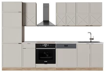Vicco Küchenzeile Fame-Line, GrauBeige/Goldkraft Eiche, 300 cm ohne Arbeitsplatte, geeignet für individuelle Modul-Erweiterung und Flexible Anordnung