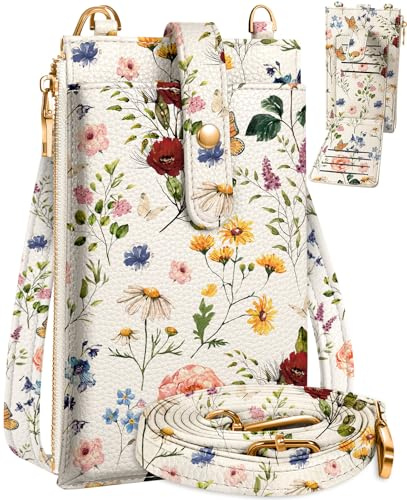 Miss Adola Phone Bag Crossbody for Women - Leather Mobile Phone Bags Vintage Flower Ladies Phone Purse Bag with Shoulder Strap Cute Designer Aesthetic Cellphone Wallet