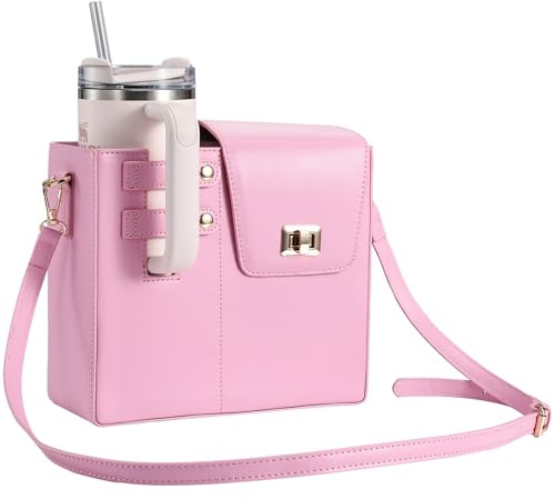 KzRUeb Sac de Rangement Portable à bandoulière avec Porte-Bouteille d'eau pour Femme avec Poche pour Bouteille d'eau Compatible avec la Plupart des Bouteilles d'eau Sac de Transport d'extérieu, Rose