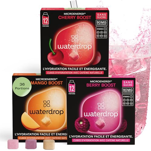 waterdrop® Microenergy Set, Energy Drink, 36 Water Flavouring Hydration Cubes, Blackberry, Mango and Cherry Flavour, Sugar Free, Low Calorie Fizzy Drinks, 90 mg Natural Caffeine, Vitamin C and B