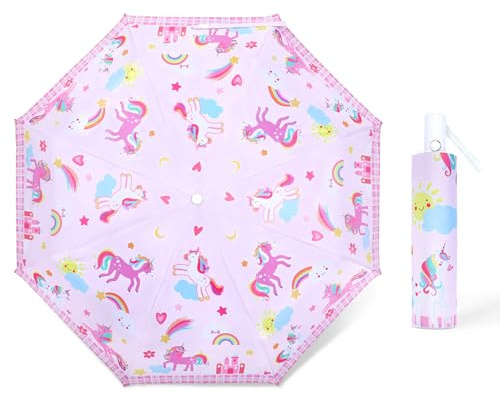 Kids Folding Umbrella Auto Open/Close Anti-rebound Safe Design UV Resistant Automatic Children Travel Umbrellas 8 Rib Reinforced Canopy 360° Reflective Strip Lightweight Cute Umbrella for Girls & Boys